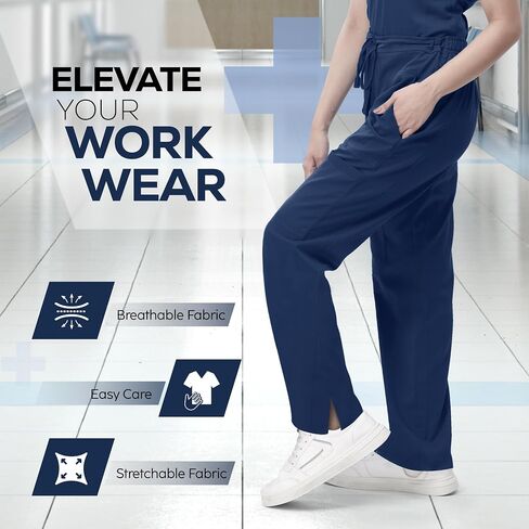 NY Threads Medical Scrub Set for Women, 1 Scrub Top and 1 Scrub Pant Loose Fit, Soft Stretch, Large, Navy in Kuwait