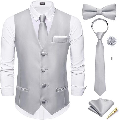 Hi-Tie Boys Vest Solid Suit Vest for Boy Tie Bowtie Pocket Square Cufflinks Lapel Pin Tie Clip Vests Kid 6-18 Years in Kuwait