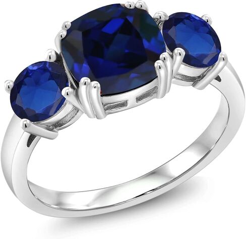 Gem Stone King 3.70 Cttw Blue Created Sapphire 3-Stone Engagement Ring For Women | 925 Sterling Silver | Gemstone September Birthstone | Cushion 8MM | Wedding Engagement Anniversary Ring in Saudi Arabia