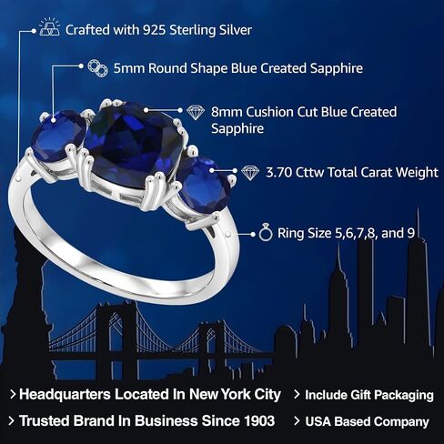 Gem Stone King 3.70 Cttw Blue Created Sapphire 3-Stone Engagement Ring For Women | 925 Sterling Silver | Gemstone September Birthstone | Cushion 8MM | Wedding Engagement Anniversary Ring in Saudi Arabia