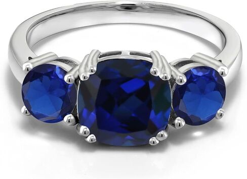 Gem Stone King 3.70 Cttw Blue Created Sapphire 3-Stone Engagement Ring For Women | 925 Sterling Silver | Gemstone September Birthstone | Cushion 8MM | Wedding Engagement Anniversary Ring in Saudi Arabia
