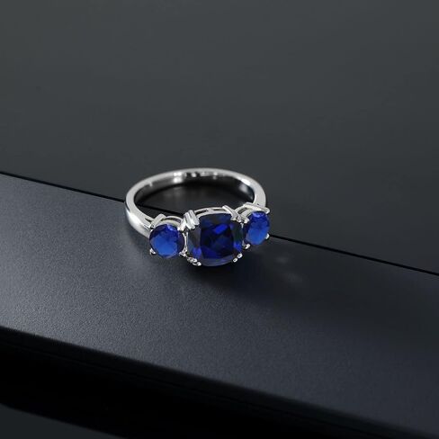 Gem Stone King 3.70 Cttw Blue Created Sapphire 3-Stone Engagement Ring For Women | 925 Sterling Silver | Gemstone September Birthstone | Cushion 8MM | Wedding Engagement Anniversary Ring in Saudi Arabia