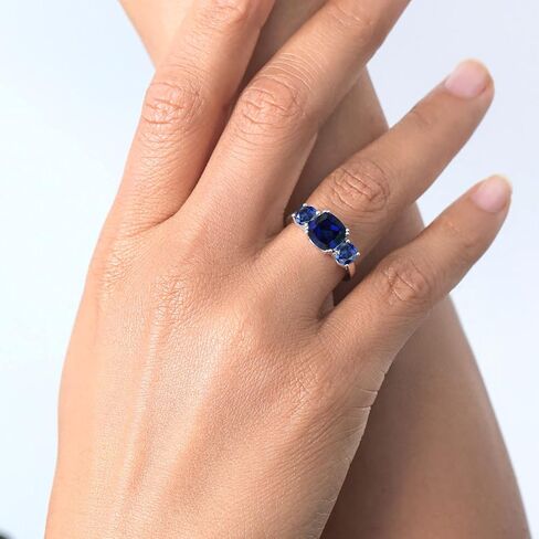 Gem Stone King 3.70 Cttw Blue Created Sapphire 3-Stone Engagement Ring For Women | 925 Sterling Silver | Gemstone September Birthstone | Cushion 8MM | Wedding Engagement Anniversary Ring in Saudi Arabia