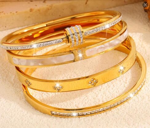 Gold Bangles Bracelets for Women – 4PCS Stainless Steel Stackable Bracelet Set with Crystal & Enamel in Kuwait