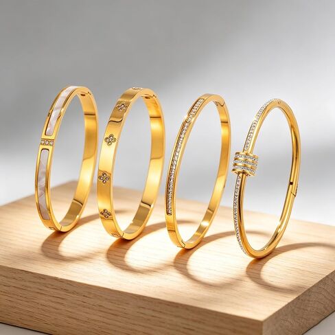 Gold Bangles Bracelets for Women – 4PCS Stainless Steel Stackable Bracelet Set with Crystal & Enamel in Kuwait