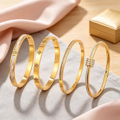Gold Bangles Bracelets for Women – 4PCS Stainless Steel Stackable Bracelet Set with Crystal & Enamel in Kuwait