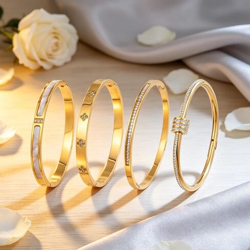 Gold Bangles Bracelets for Women – 4PCS Stainless Steel Stackable Bracelet Set with Crystal & Enamel in Kuwait