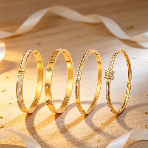 Gold Bangles Bracelets for Women – 4PCS Stainless Steel Stackable Bracelet Set with Crystal & Enamel in Kuwait