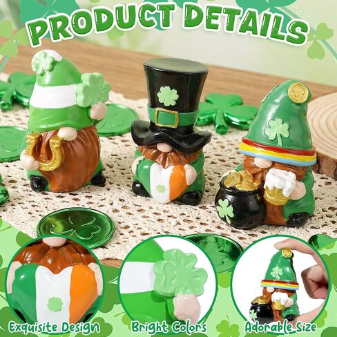 Exasinine 3 PCS St Patrick's Day Gnome Decorations Irish Green Resin Gnome Figurines with Shamrock & Pot of Gold, St. Patricks Day Table Ornament Decor for Home Holiday Display in Saudi Arabia