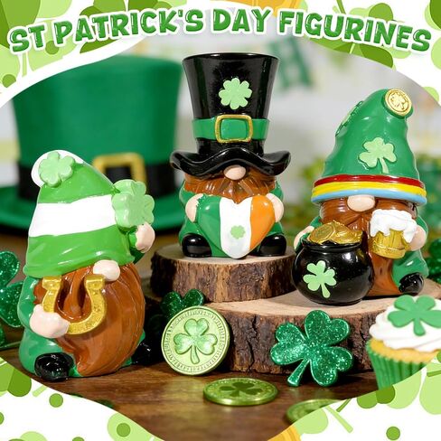 Exasinine 3 PCS St Patrick's Day Gnome Decorations Irish Green Resin Gnome Figurines with Shamrock & Pot of Gold, St. Patricks Day Table Ornament Decor for Home Holiday Display in Saudi Arabia