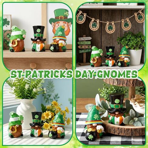 Exasinine 3 PCS St Patrick's Day Gnome Decorations Irish Green Resin Gnome Figurines with Shamrock & Pot of Gold, St. Patricks Day Table Ornament Decor for Home Holiday Display in Saudi Arabia