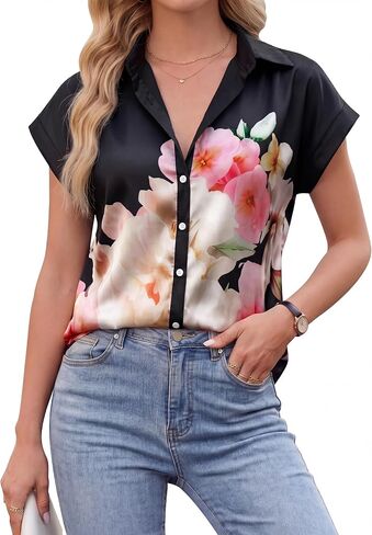 Blooming Jelly Women Dressy Casual Satin Blouses Summer Short Sleeve Button Down Shirt Elegant Floral Print Top in Kuwait