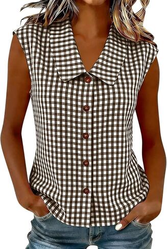 Womens Gingham Plaid Sleeveless Blouses Summer Casual Work Office Cotton Linen Peter Pan Collar Button Down Tank Tops in Kuwait