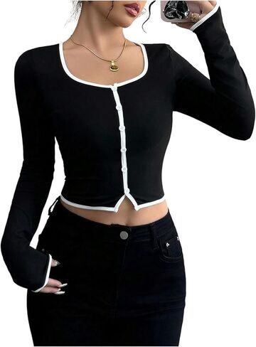 Women's Button Down Crop Tops Fall Dressy Casual Scoop Neck Long Sleeve Fitted T Shirts in Kuwait