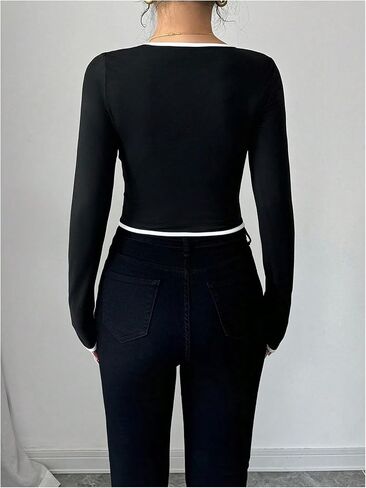 Women's Button Down Crop Tops Fall Dressy Casual Scoop Neck Long Sleeve Fitted T Shirts in Kuwait