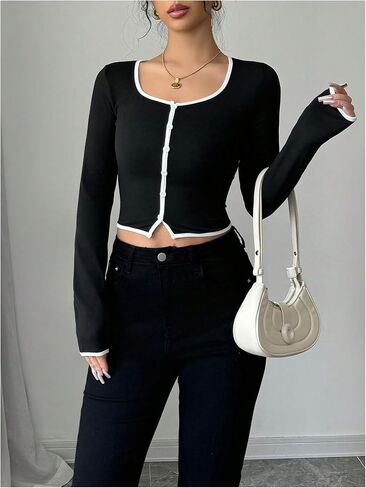 Women's Button Down Crop Tops Fall Dressy Casual Scoop Neck Long Sleeve Fitted T Shirts in Kuwait