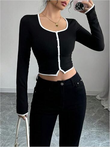 Women's Button Down Crop Tops Fall Dressy Casual Scoop Neck Long Sleeve Fitted T Shirts in Kuwait