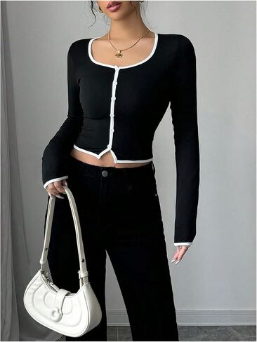 Women's Button Down Crop Tops Fall Dressy Casual Scoop Neck Long Sleeve Fitted T Shirts in Kuwait