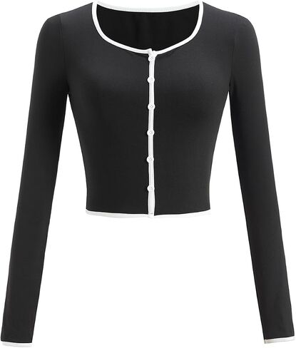 Women's Button Down Crop Tops Fall Dressy Casual Scoop Neck Long Sleeve Fitted T Shirts in Kuwait