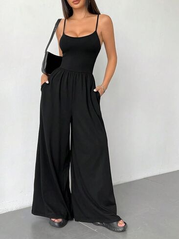 Jumpsuits for Women Sleeveless Spaghetti Strap Womens Jumpsuit One Piece Wide Leg Summer Romper With Pockets 2026 (BLACK,Medium(中等)) in Kuwait