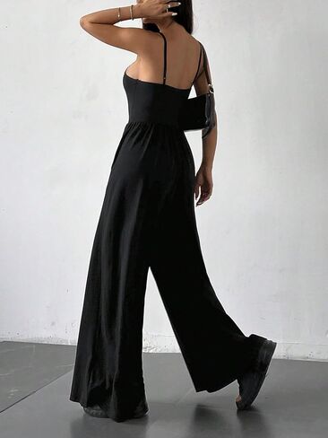 Jumpsuits for Women Sleeveless Spaghetti Strap Womens Jumpsuit One Piece Wide Leg Summer Romper With Pockets 2026 (BLACK,Medium(中等)) in Kuwait
