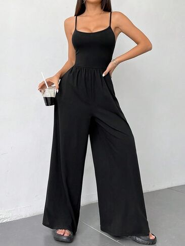 Jumpsuits for Women Sleeveless Spaghetti Strap Womens Jumpsuit One Piece Wide Leg Summer Romper With Pockets 2026 (BLACK,Medium(中等)) in Kuwait