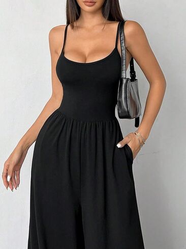 Jumpsuits for Women Sleeveless Spaghetti Strap Womens Jumpsuit One Piece Wide Leg Summer Romper With Pockets 2026 (BLACK,Medium(中等)) in Kuwait