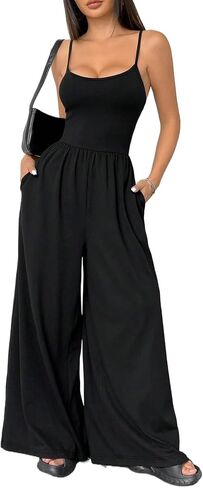 Jumpsuits for Women Sleeveless Spaghetti Strap Womens Jumpsuit One Piece Wide Leg Summer Romper With Pockets 2026 (BLACK,Medium(中等)) in Kuwait
