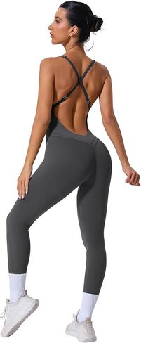REYU Women Strappy Backless One Piece Jumpsuit Tummy Control Yoga Unitard Sleeveless Padded Bra Workout Romper in Kuwait