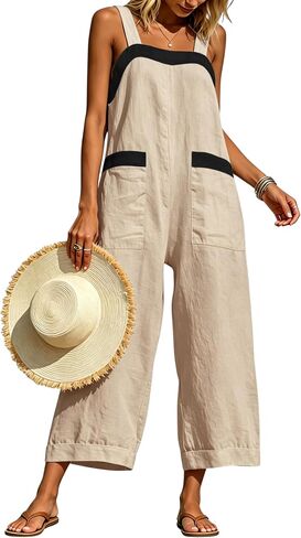 Himosyber Women's Cotton Linen Jumpsuits Color Block Wide Leg Overalls Adjustable Strap Casual Summer Rompers with Pockets (LightKhaki-S) in Saudi Arabia