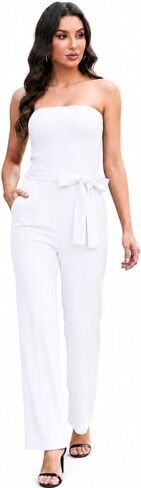 Women's Strapless Tube Top Rompers Casual Smocked Jumpsuit with Waist Tie for Cocktail Party Wedding or Formal Event in Kuwait