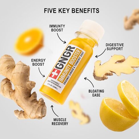 +GNGR Immunity Booster Organic Ginger and Turmeric Shot - Cold Pressed Ginger Shots with Turmeric, Cayenne Pepper, Orange, Lemon for All Natural Immune & Digestive Support 2 fl oz (12 Pack) in Saudi Arabia
