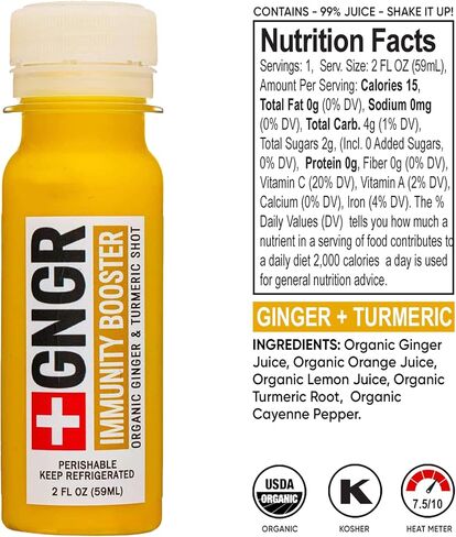 +GNGR Immunity Booster Organic Ginger and Turmeric Shot - Cold Pressed Ginger Shots with Turmeric, Cayenne Pepper, Orange, Lemon for All Natural Immune & Digestive Support 2 fl oz (12 Pack) in Saudi Arabia