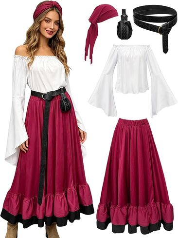 kasahara Womens Renaissance Pirate Costume Medieval Peasant Dress Costume Shirt Tops with Skirt Belt Pouch Headscarf in Saudi Arabia