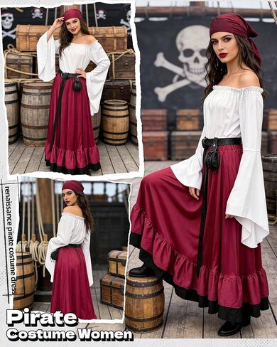 kasahara Womens Renaissance Pirate Costume Medieval Peasant Dress Costume Shirt Tops with Skirt Belt Pouch Headscarf in Saudi Arabia