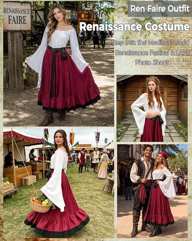 kasahara Womens Renaissance Pirate Costume Medieval Peasant Dress Costume Shirt Tops with Skirt Belt Pouch Headscarf in Saudi Arabia