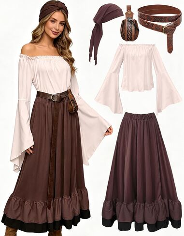 kasahara Womens Renaissance Pirate Costume Medieval Peasant Dress Costume Shirt Tops with Skirt Belt Pouch Headscarf in Saudi Arabia