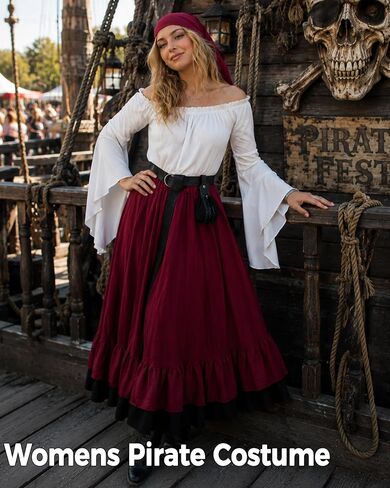 kasahara Womens Renaissance Pirate Costume Medieval Peasant Dress Costume Shirt Tops with Skirt Belt Pouch Headscarf in Saudi Arabia