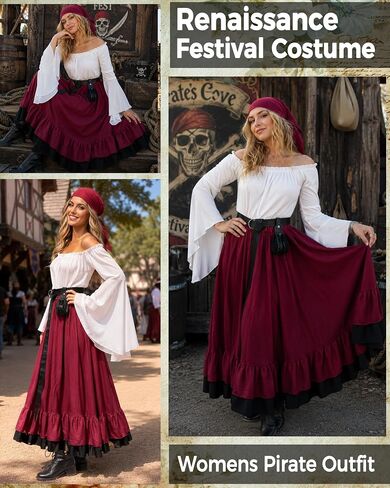 kasahara Womens Renaissance Pirate Costume Medieval Peasant Dress Costume Shirt Tops with Skirt Belt Pouch Headscarf in Saudi Arabia