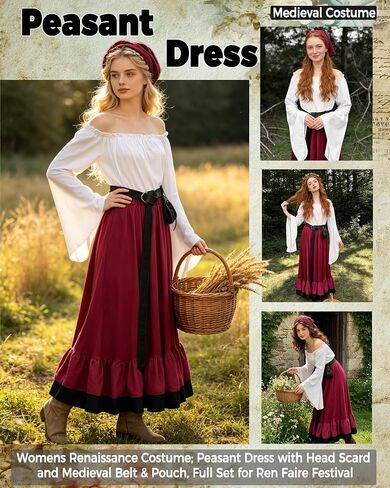 kasahara Womens Renaissance Pirate Costume Medieval Peasant Dress Costume Shirt Tops with Skirt Belt Pouch Headscarf in Saudi Arabia