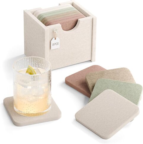 Fluxynara Felt Coasters for Drinks, Set of 8 Absorbent Coasters with Holder, Heat-Resistant & Reusable Round Design for Coffee Table & Living Room, 3.94 Inch, Oatmeal in Saudi Arabia
