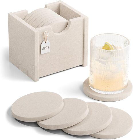 Fluxynara Felt Coasters for Drinks, Set of 8 Absorbent Coasters with Holder, Heat-Resistant & Reusable Round Design for Coffee Table & Living Room, 3.94 Inch, Oatmeal in Saudi Arabia