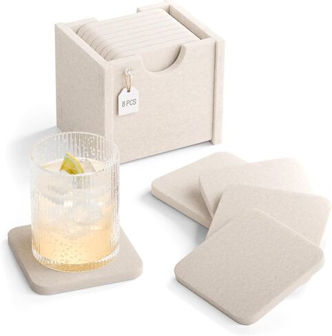 Fluxynara Felt Coasters for Drinks, Set of 8 Absorbent Coasters with Holder, Heat-Resistant & Reusable Round Design for Coffee Table & Living Room, 3.94 Inch, Oatmeal in Saudi Arabia