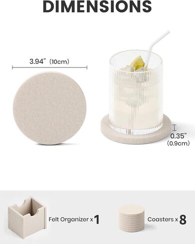 Fluxynara Felt Coasters for Drinks, Set of 8 Absorbent Coasters with Holder, Heat-Resistant & Reusable Round Design for Coffee Table & Living Room, 3.94 Inch, Oatmeal in Saudi Arabia
