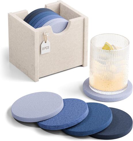 Fluxynara Felt Coasters for Drinks, Set of 8 Absorbent Coasters with Holder, Heat-Resistant & Reusable Round Design for Coffee Table & Living Room, 3.94 Inch, Oatmeal in Saudi Arabia