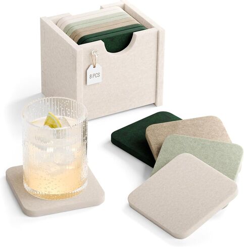 Fluxynara Felt Coasters for Drinks, Set of 8 Absorbent Coasters with Holder, Heat-Resistant & Reusable Round Design for Coffee Table & Living Room, 3.94 Inch, Oatmeal in Saudi Arabia