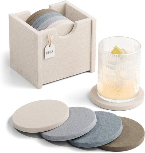 Fluxynara Felt Coasters for Drinks, Set of 8 Absorbent Coasters with Holder, Heat-Resistant & Reusable Round Design for Coffee Table & Living Room, 3.94 Inch, Oatmeal in Saudi Arabia