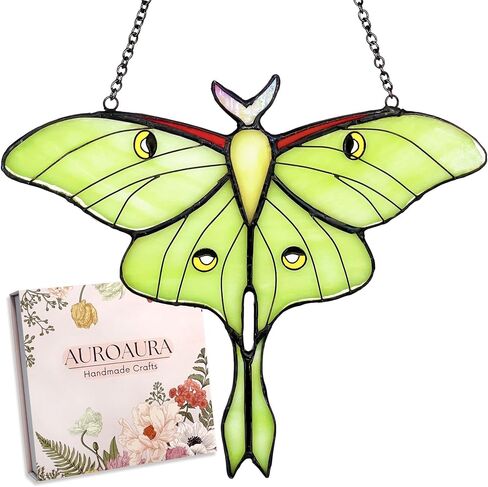Green Luna Moth Stained Glass Window Hanging - Handmade Real Glass Suncatcher for Women, Mom, Grandma - Elegant Green Butterfly Gifts Box Home Decor (H5.8xW7.3Inch) in Saudi Arabia
