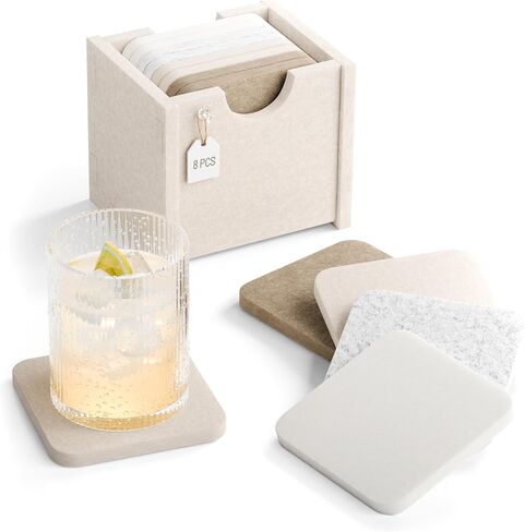 Fluxynara Felt Coasters for Drinks, Set of 8 Absorbent Coasters with Holder, Heat-Resistant & Reusable Round Design for Coffee Table & Living Room, 3.94 Inch, Oatmeal in Saudi Arabia