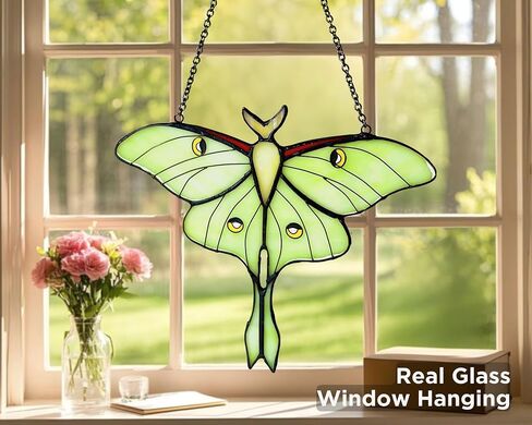 Green Luna Moth Stained Glass Window Hanging - Handmade Real Glass Suncatcher for Women, Mom, Grandma - Elegant Green Butterfly Gifts Box Home Decor (H5.8xW7.3Inch) in Saudi Arabia